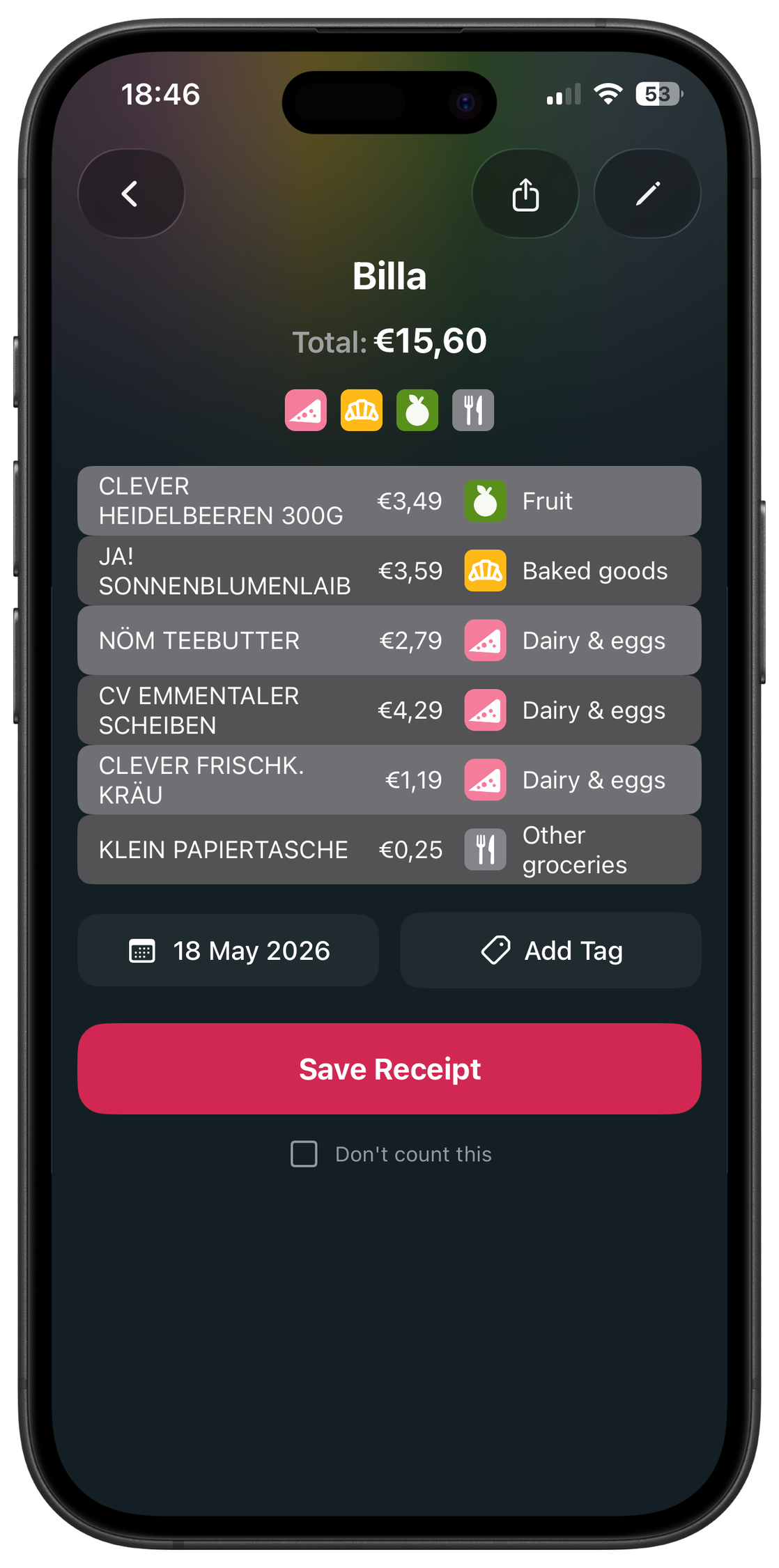 RCT receipt view with each item sorted into its own category