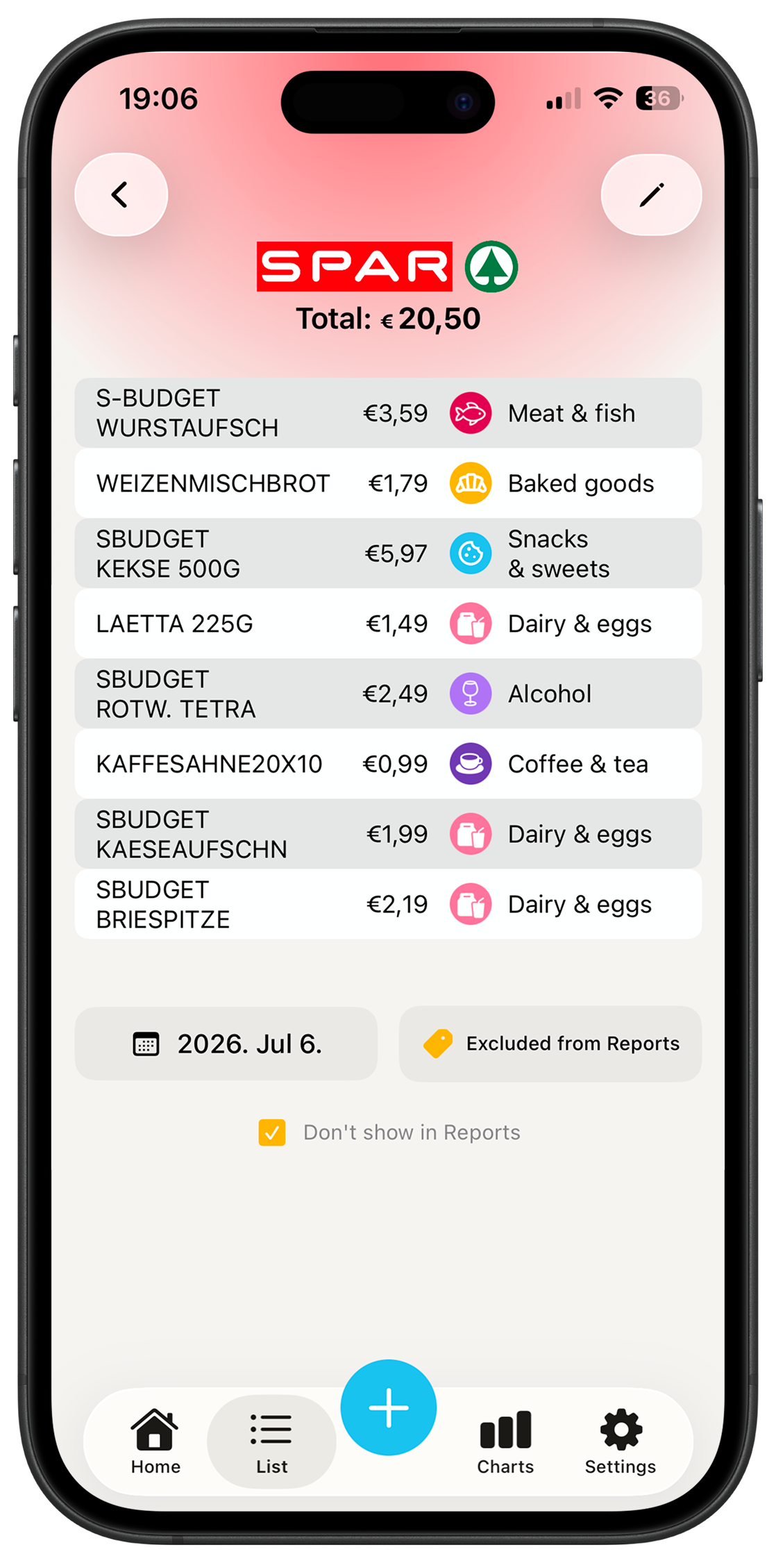 RCT receipt view with each item sorted into its own category